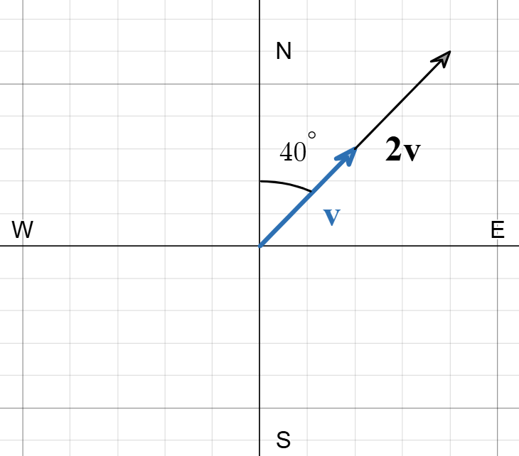 Vector v graphed on the same axis as scalar multiple 2v both with angle N40 degrees E.